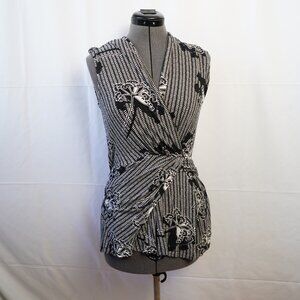 Deletta Short Sleeve wrapped shirt- size S, Black and White floral print